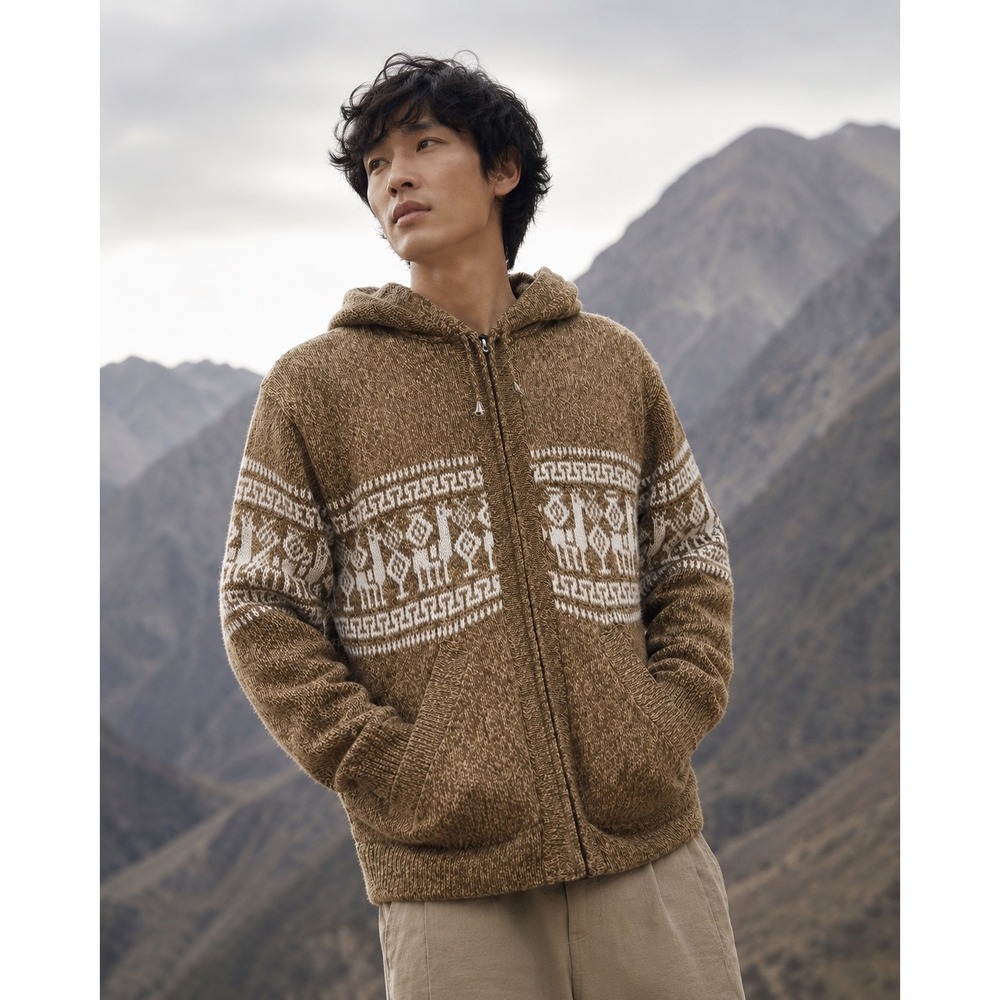 Handmade Peru 100% Alpaca Wool Llama Intarsia Full Zip Hoodie Brown Mens Large